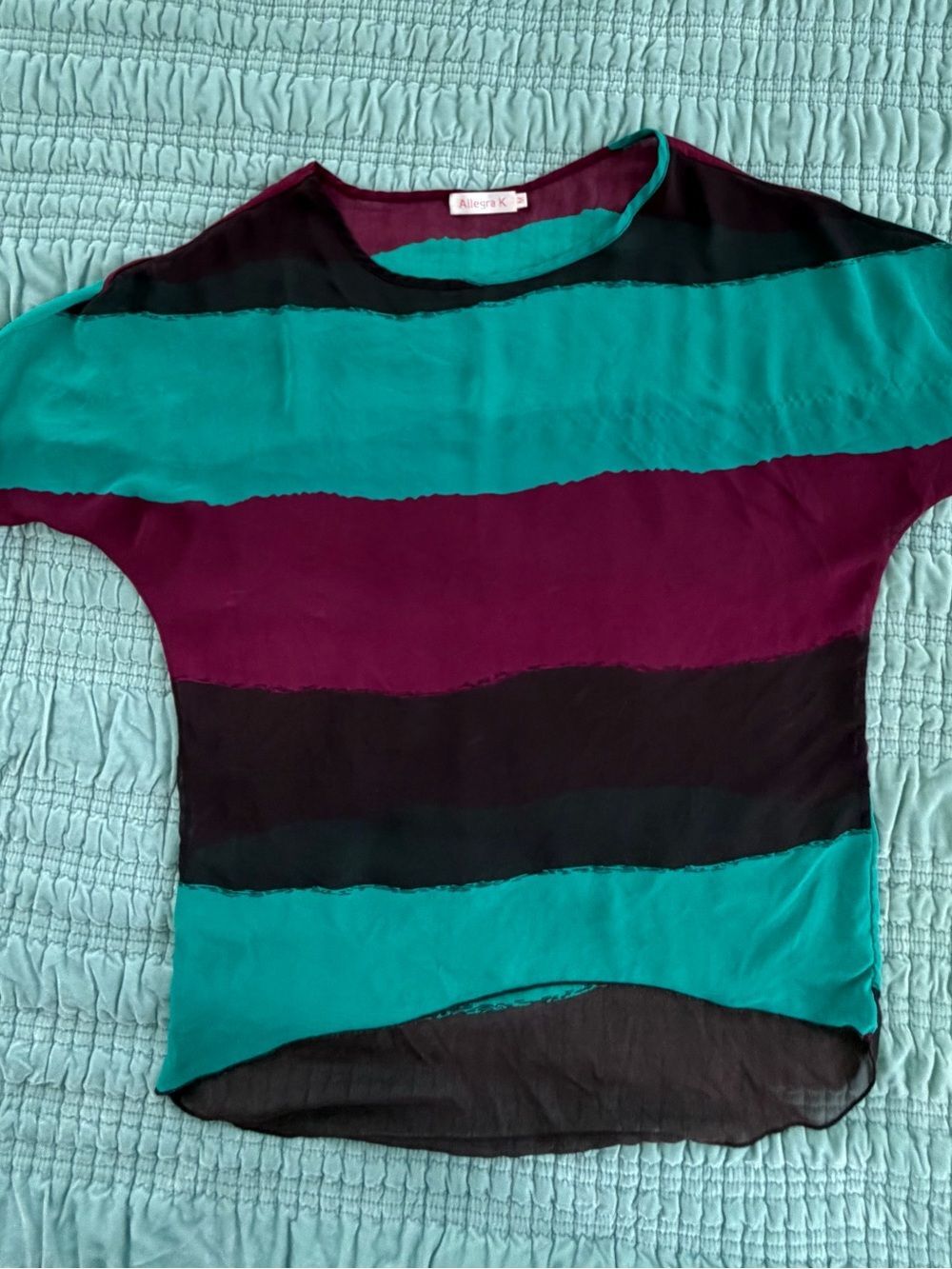 Allegra K Teal, Plum & Black Striped Short-Sleeve Blouse-XL